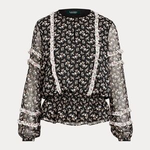 Ralph Lauren by Lauren Women Ruffled Floral Top Long Sleeve‎ Romantic Black SP